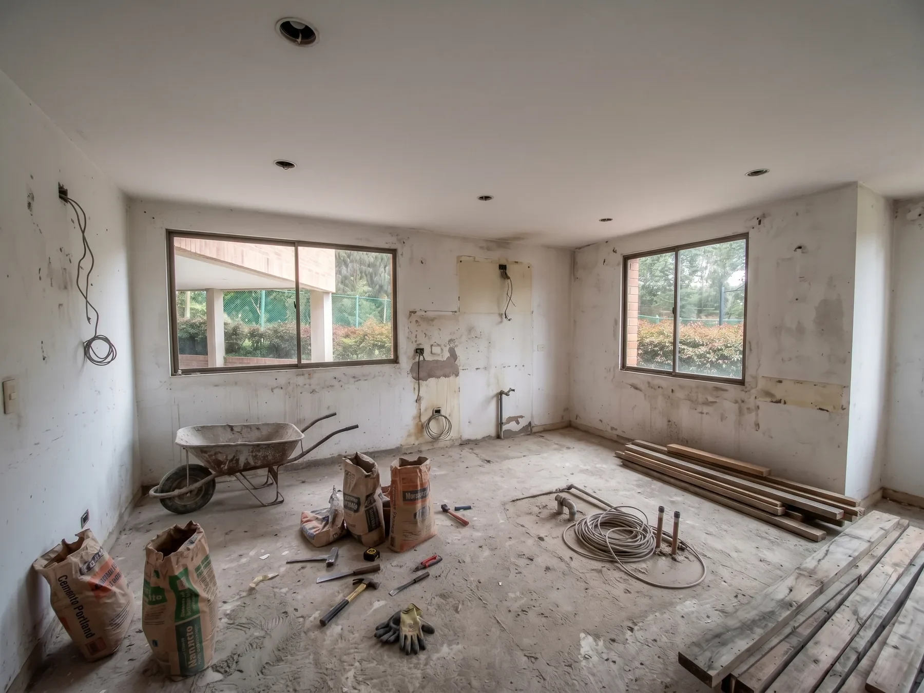 Cocina La Lomita antes de la remodelación: espacio en obra gris con escombros y materiales
