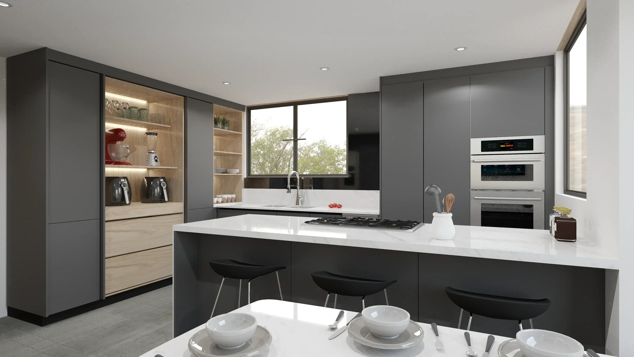 Render 3D de la misma cocina con isla y acabados grises